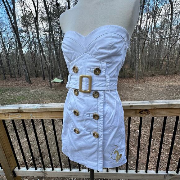 Vintage Y2K White and Gold Baby Phat Strapless Belted Buttoned Minidress Sz S - Picture 3 of 13